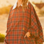Mock Neck With Zipper Contrast Inside Front Pocket Plaid Poncho