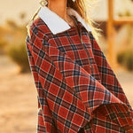 Mock Neck With Zipper Contrast Inside Front Pocket Plaid Poncho