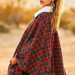 Mock Neck With Zipper Contrast Inside Front Pocket Plaid Poncho