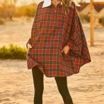 Mock Neck With Zipper Contrast Inside Front Pocket Plaid Poncho