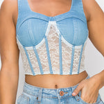 Floral Lace And Denim Crop Top