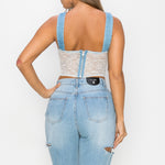 Floral Lace And Denim Crop Top