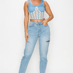 Floral Lace And Denim Crop Top