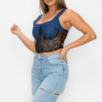 Floral Lace And Denim Crop Top