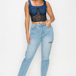 Floral Lace And Denim Crop Top