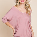 Solid Rib Modal Casual 3/4 Sleeves Dolman Sleeves Top