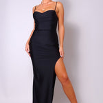 Spaghetti Strap Pleated Bust Front Slit Maxi Dress