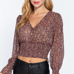 Long Slv Smocked Print Chiffon Top