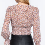 Long Slv Smocked Print Chiffon Top