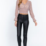 Long Slv Smocked Print Chiffon Top