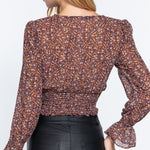 Long Slv Smocked Print Chiffon Top