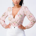 Floral Wrapped V-neck Long Sleeves Bodysuit