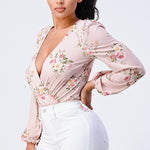 Floral Wrapped V-neck Long Sleeves Bodysuit