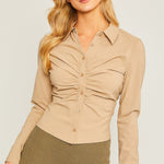 Woven Solid Ruched Front Long Sleeve