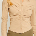 Woven Solid Ruched Front Long Sleeve