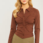 Woven Solid Ruched Front Long Sleeve