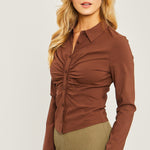 Woven Solid Ruched Front Long Sleeve