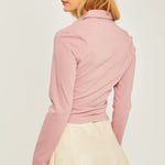 Woven Solid Ruched Front Long Sleeve