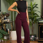 High Waist Pants With Self Fabric Buckle Detail On The Waist