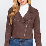 Long Slv Biker Faux Suede Short Jacket