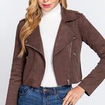Long Slv Biker Faux Suede Short Jacket