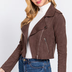 Long Slv Biker Faux Suede Short Jacket