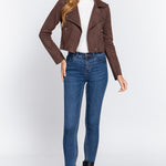 Long Slv Biker Faux Suede Short Jacket