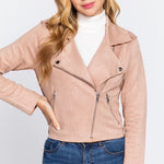 Long Slv Biker Faux Suede Short Jacket