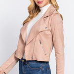 Long Slv Biker Faux Suede Short Jacket