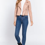 Long Slv Biker Faux Suede Short Jacket