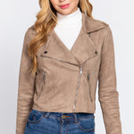 Long Slv Biker Faux Suede Short Jacket
