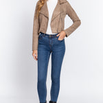 Long Slv Biker Faux Suede Short Jacket