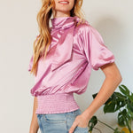 Waist Smocked Solid Satin Blouse