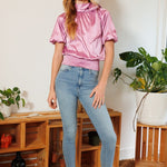 Waist Smocked Solid Satin Blouse