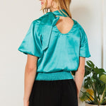 Waist Smocked Solid Satin Blouse