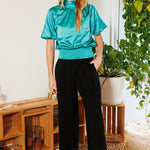 Waist Smocked Solid Satin Blouse