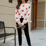 Heart Pattern Lantern Sleeve Round Neck Tunic Sweater