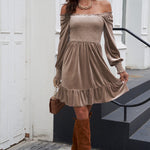 Off-Shoulder Smocked Ruffle Hem Dress