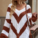 Chevron Cable-Knit V-Neck Tunic Sweater