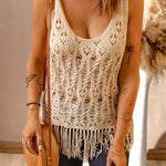Sleeveless Cable-Knit Fringe Detail Open Work Top