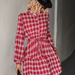 Plaid Band Collar Drawstring Shirt Dress