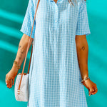 Grid Quarter Button Curved Hem Shirt Dress