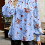 Floral Print Mock Neck Lantern Sleeve Blouse