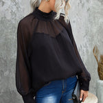 Frill Neck Spliced Mesh Blouse