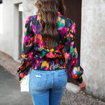 Printed Surplice Neck Long Sleeve Blouse