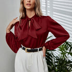Tie Neck Long Puff Sleeve Blouse