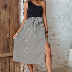 Striped One-Shoulder Slit Dress