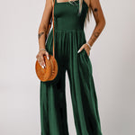 Smocked Square Neck Wide Leg Jumpsuit with Pockets