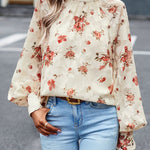 Floral Print Mock Neck Lantern Sleeve Blouse