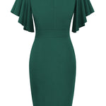 Notched Neck Flutter Sleeve Pencil Dress